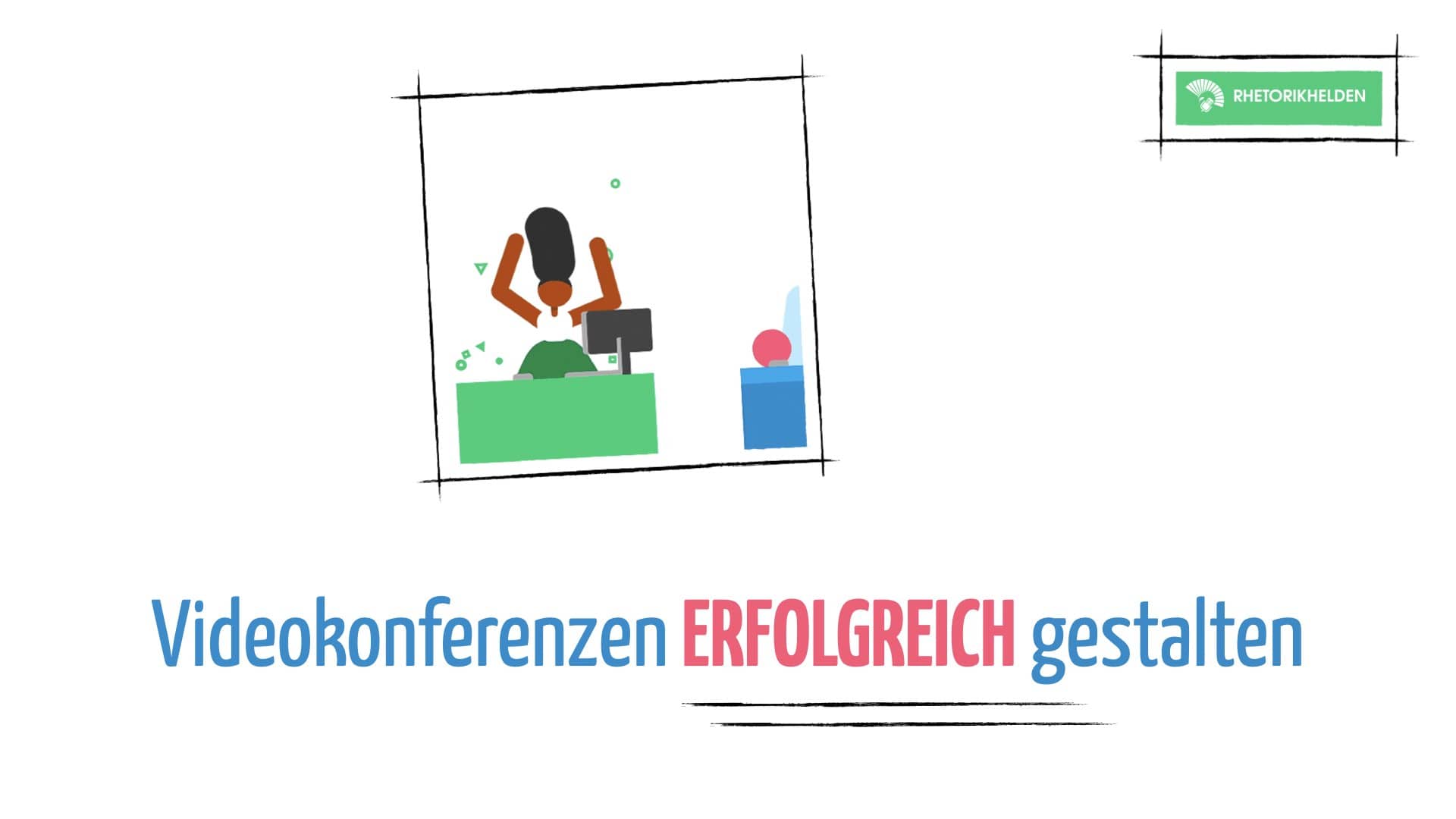 Graphisches Titelbild einer jubelnden Frau am Schreibtisch, vor dem Computer